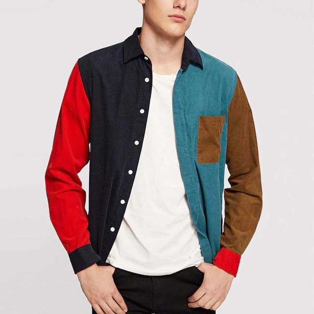 Pembuat OEM Borong Baju Lengan Panjang Lelaki Poket Tunggal Blok Warna Baju Corduroy