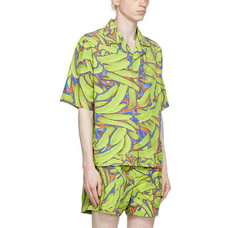 OEM Manufacturer Aestiva Brevis Sleeve Square Collar Graphic Typis Green Nylon Taffeta Fashion Shirt For Men