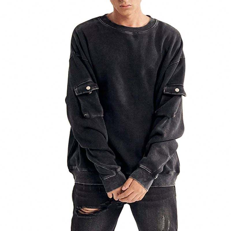 Sweat-shirt &agrave; manches de poche personnalis&eacute;es, fabricant OEM, haute qualit&eacute;, lourd, 100% coton, col rond, lavage, v&ecirc;tements Vintage pour hommes