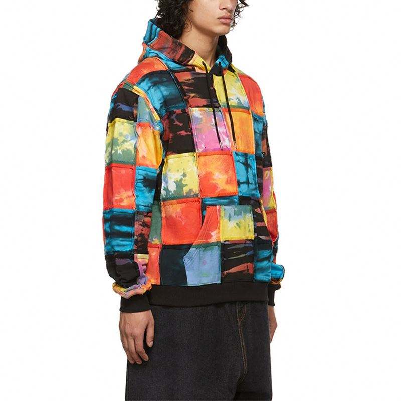 Cappotti da uomo personalizzati del produttore OEM in tessuto spugna con coulisse con cappuccio e design patchwork multicolore Felpe con cappuccio a maniche lunghe