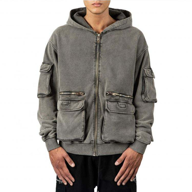 Sweat &agrave; capuche pour hommes, fabricant OEM, poche 3D, coton &eacute;pais lav&eacute;, fermeture &eacute;clair, vente en gros