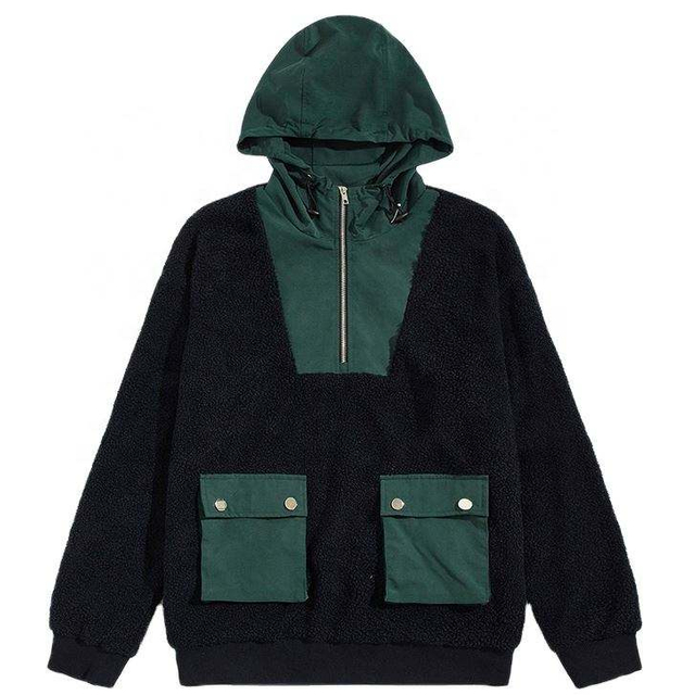 Fabricante OEM Roupas Masculinas Personalizadas Velo Algod&atilde;o Meio Z&iacute;per Patchwork Moletom Com Capuz Pul&ocirc;ver Com Grandes Bolsos Carga
