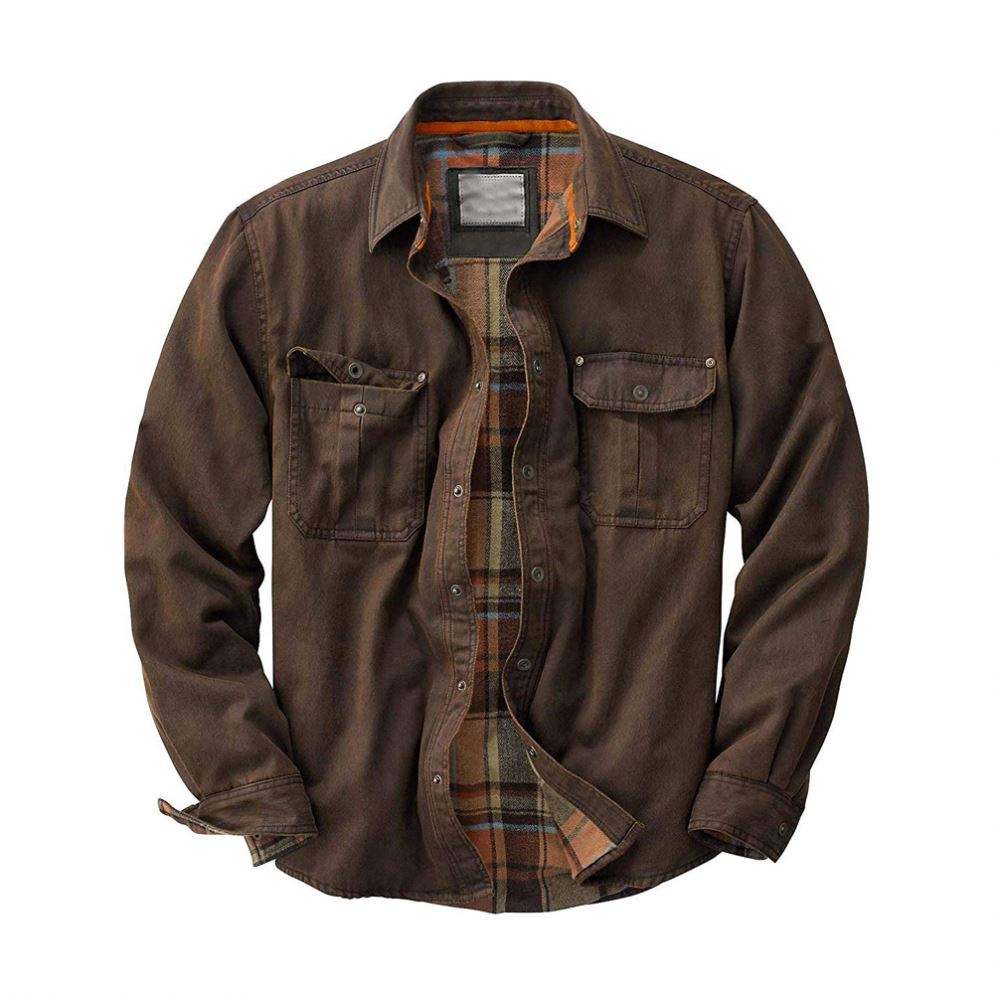 Chaqueta estilo camisa de hombre de piel de ante resistente con forro de franela y broches