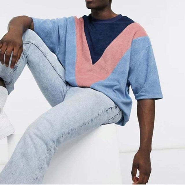 Magliette a sublimazione di vendita calda di nuovo arrivo Maglietta bianca oversize con spalla cadente da uomo a blocchi di colore taglie forti