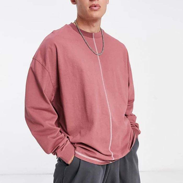 T-shirt a maniche lunghe personalizzata Oem Services T-shirt da uomo con spalla abbassata T-shirt pesante oversize con cuciture a contrasto