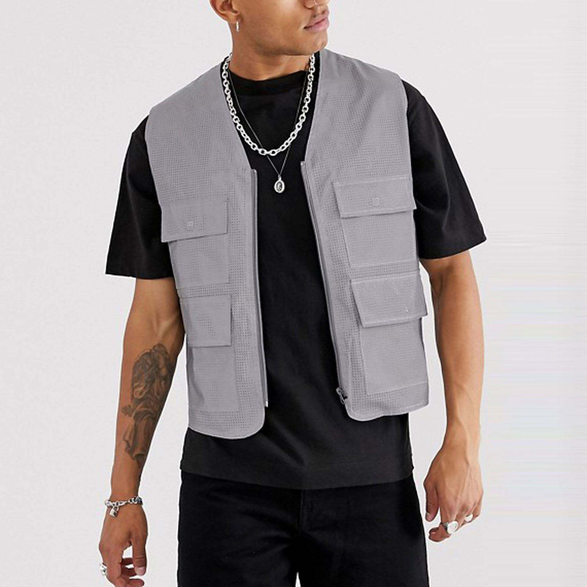 Hot s&aelig;lgende Nye mode m&aelig;nds veste &AElig;rmel&oslash;s jakke Ensfarvet lynl&aring;s fastg&oslash;relse Multi lommer Herre Utility Vest