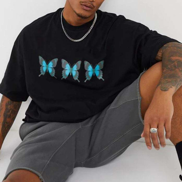 Utcai ruh&aacute;zat nagykereskedelme, fekete pillang&oacute;s nyomat&uacute; p&oacute;l&oacute;, r&ouml;vid ujj&uacute; f&eacute;rfi 100% pamut nyomtat&aacute;s&uacute; p&oacute;l&oacute;