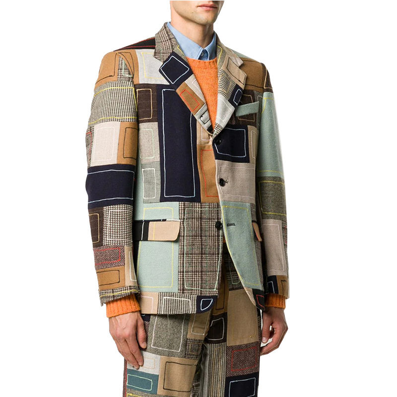 OEM-tillverkare Custom Fashion L&aring;ng&auml;rmad Enkelkn&auml;ppt Patchwork Grafisk Design Patch Broderad Blazer Jacka