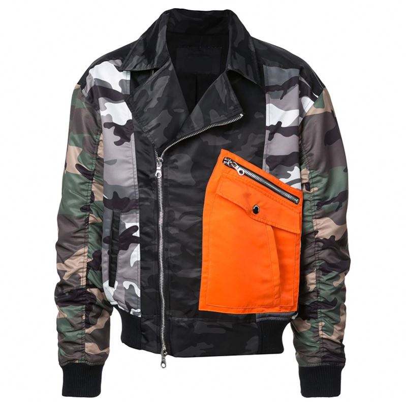 OEM メーカーカスタムメンズコート高品質長袖ターンダウン襟ジッパーパッチワークスポーツ迷彩ジャケット