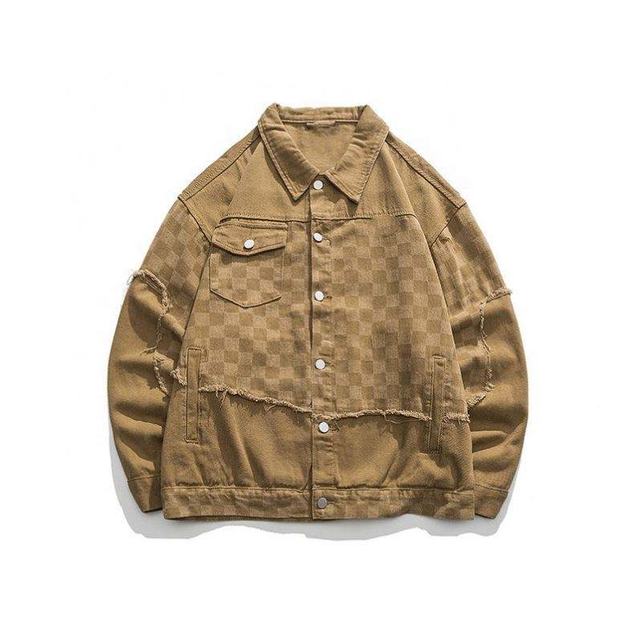 OEM Producent Nyt brugerdefineret logo Patchwork Denim Plaid Lapel Vintage Casual Topjakke