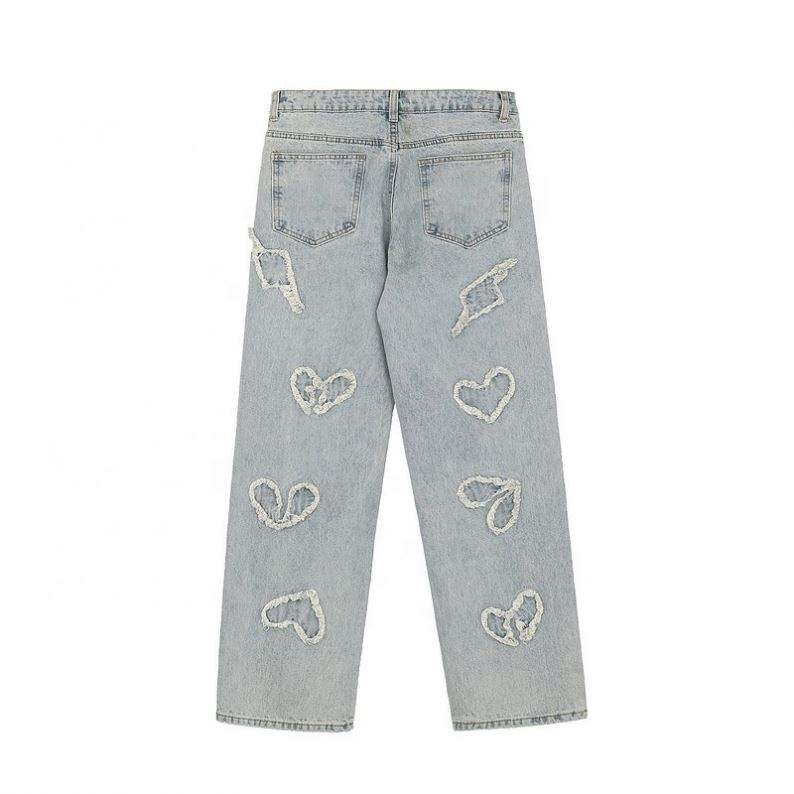 OEM ထုတ်လုပ်သူ လက်ကား စိတ်ကြိုက်လိုဂို High Street Denim Pants Washed Patch Cloth Wool Edge အမျိုးသားအဝတ်အစားအတွက် Casual Trousers