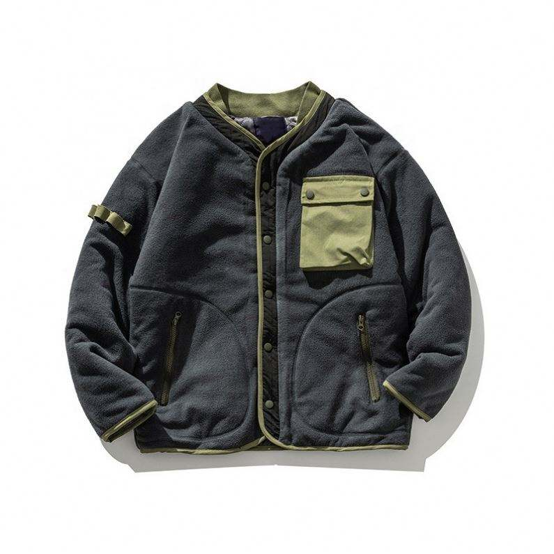 Fabricant OEM personnalis&eacute; multi-poches couleur unie ourlet c&ocirc;tel&eacute; col montant manteaux en coton veste