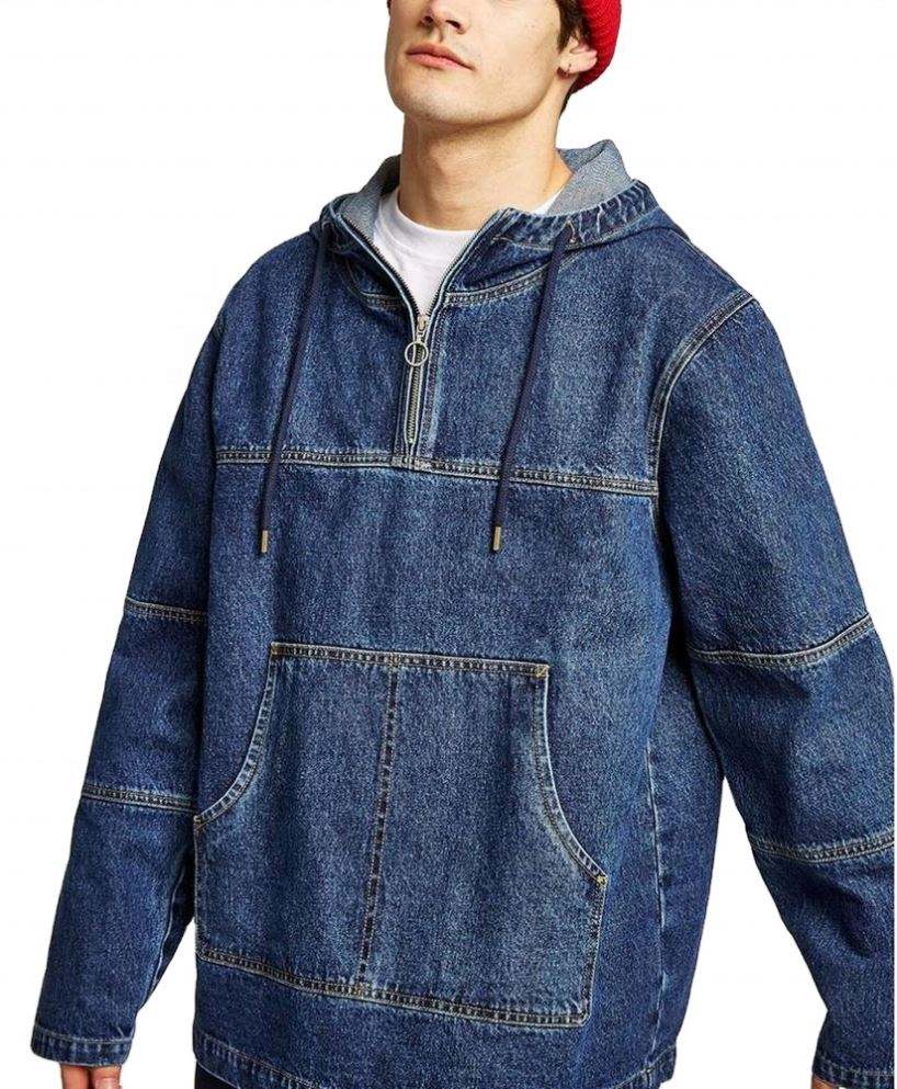OEM-produsent tilpasset 100 % bomull for menn Halv glidel&aring;s Oversized Patchwork Denim Pullover hettegenser