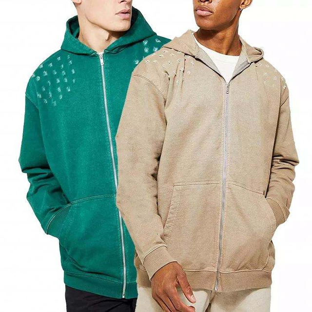 OEM-Hersteller Custom Heavyweight Plain Hoodie Herren-Hoodie mit durchgehendem Rei&szlig;verschluss, Vintage-Waschung, &uuml;bergro&szlig;er Distressed-Hoodie