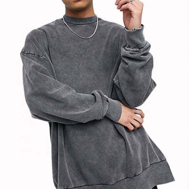 OEM-Hersteller, kundenspezifisches graues Herren-Sweatshirt mit hohem Halsausschnitt, &uuml;bergro&szlig;es Vintage-Sweatshirt aus gewaschener Baumwolle mit Acid-Waschung