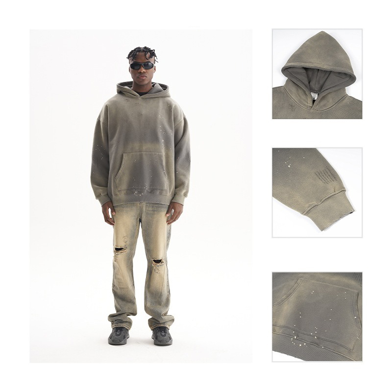 360 Gsm Vintage Acid Wash Distressed Monkey Sprayed Custom Logo Sweatpants And Hoodie Set