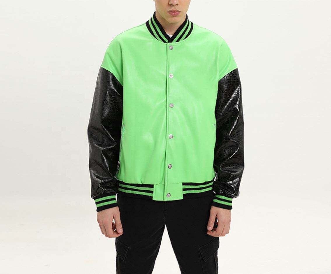 Giacca da baseball bomber in ecopelle color block da uomo personalizzata del produttore OEM