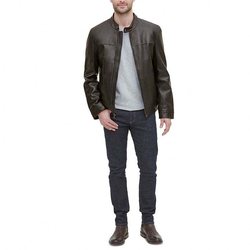 Μαύρο δερμάτινο μπουφάν Oem Manufacturer Custom Μαύρο δερμάτινο μπουφάν με μακρυμάνικο γιακά με φερμουάρ