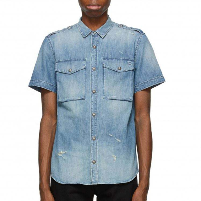 OEM خدمة المصنع قصيرة الأكمام الأزرق المتعثرة الدينيم الرجال جان قميص