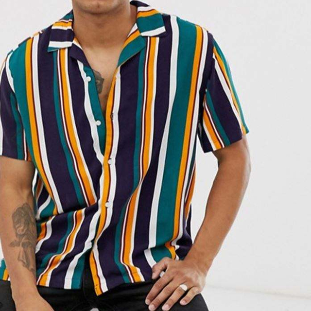 Pengeluar OEM Gaya Fesyen Baru Baju Lengan Pendek Jalur Menegak Hijau Bahu Terjatuh Baju Hawaii Bersaiz Besar