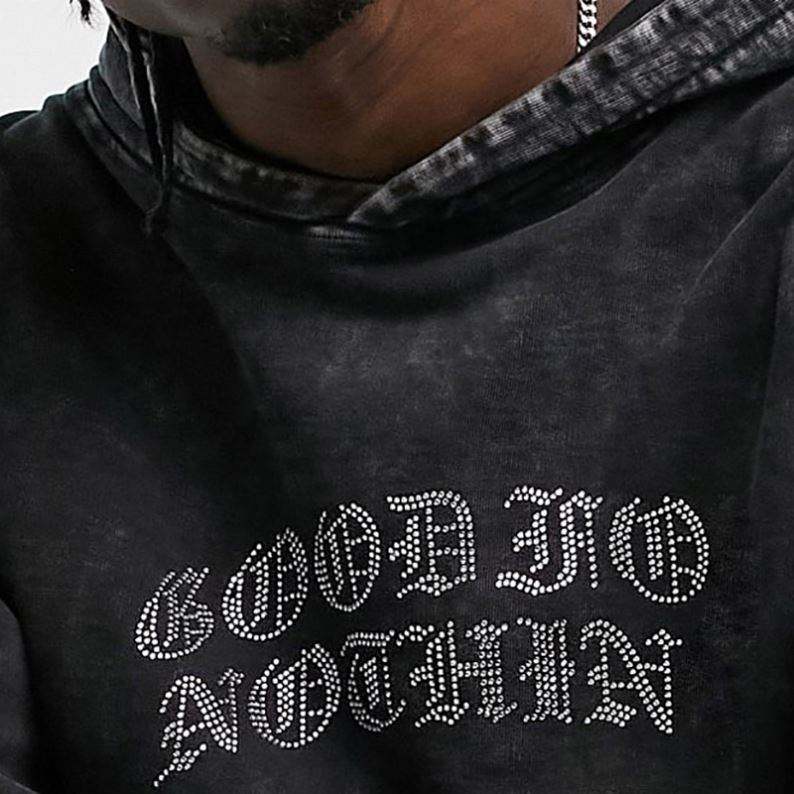 OEM ထုတ်လုပ်သူ ဖက်ရှင် ဟဲဗီးဝိတ် စိတ်ဆင်းရဲ ညှိုးမှိန်သော Pullover စိတ်ကြိုက် ကျောက်တုံး အက်ဆစ်ဆေးပြီး ခေတ်ဟောင်း Rhinestone စိတ်ကြိုက် hoodie