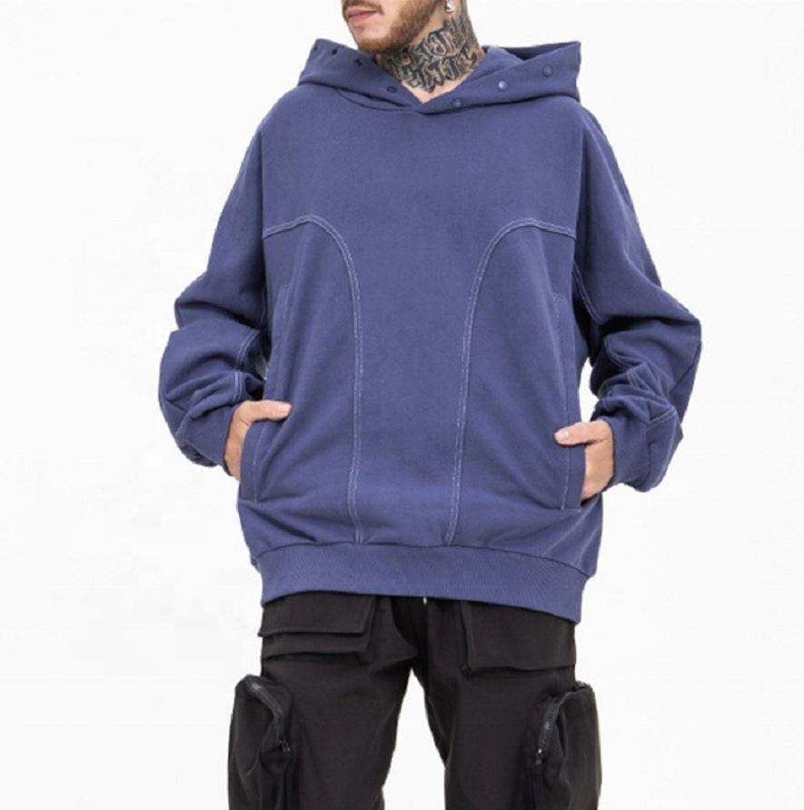 Producent OEM Niestandardowe bluzy z kapturem z grubej bawełny o gramaturze 460 g/m&sup2;, frotte francuskiej z kontrastowymi szwami i kapturem zapinanym na guziki
