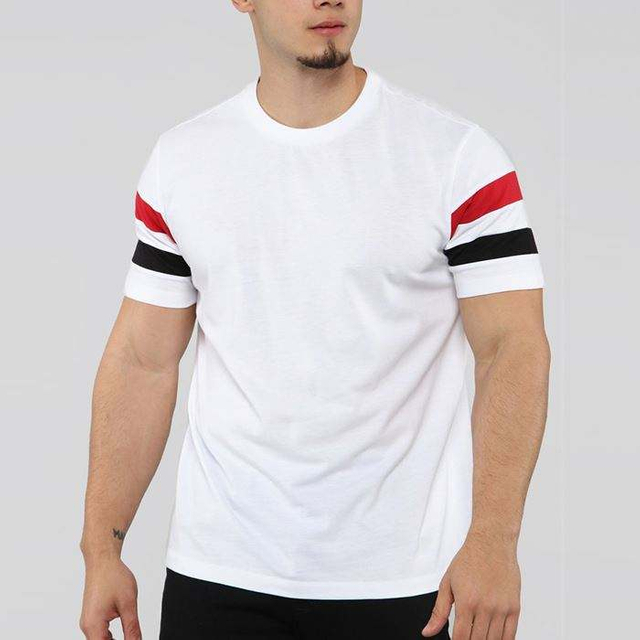 Custom Printing Striped Sleeve T Shirts Men Short Sleeve Round Neck White T-Shirt in Bulk
