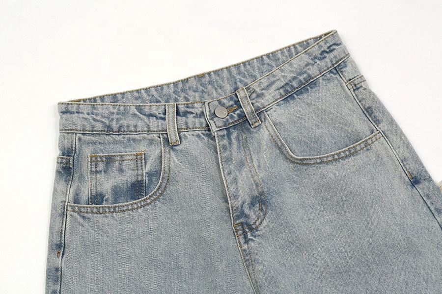 OEM ထုတ်လုပ်သူ လက်ကား စိတ်ကြိုက်လိုဂို High Street Denim Pants Washed Patch Cloth Wool Edge အမျိုးသားအဝတ်အစားအတွက် Casual Trousers