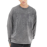 T-Shirt Acid Wash Printing Custom T-Shirt Poket Dada Lengan Panjang Vintage Bersaiz Besar