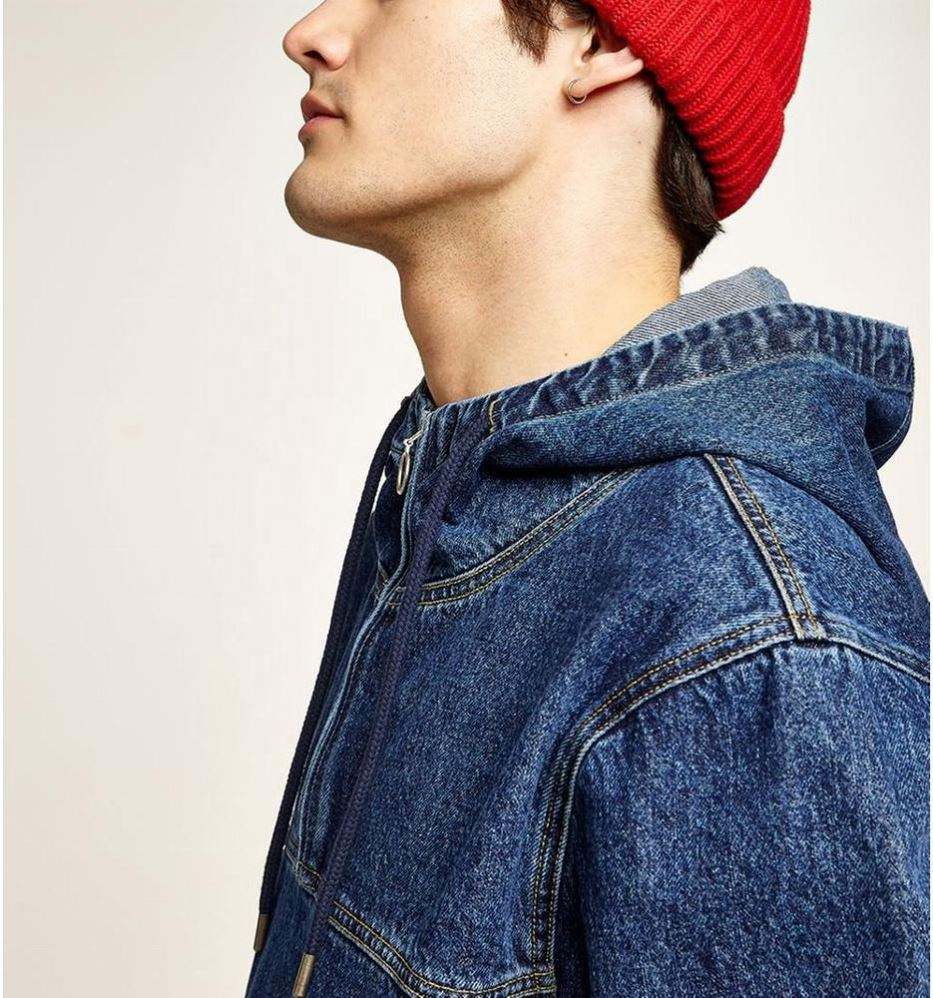 OEM-produsent tilpasset 100 % bomull for menn Halv glidel&aring;s Oversized Patchwork Denim Pullover hettegenser