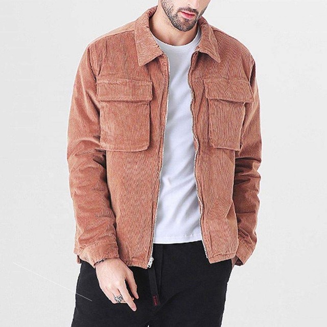 Pengeluar OEM Tersuai Berkualiti Tinggi Vintaj Dicuci Lelaki Zip Atas Poket Kargo Korduroi Jaket Kasual