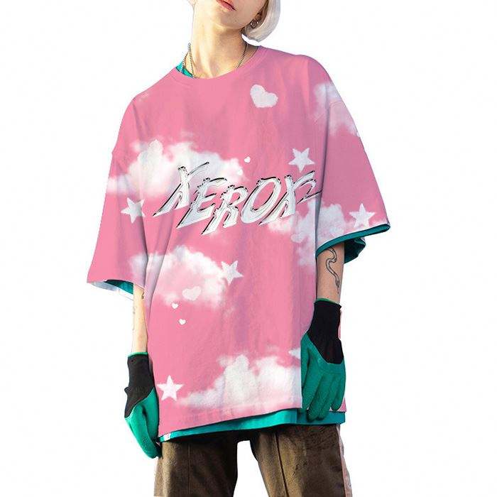 Pakaian Jalanan Bersaiz Besar Gaya Jalan Tinggi T-Shirt Musim Panas Lelaki Separuh Lengan Mencetak Baju T Leher Bulat Tersuai