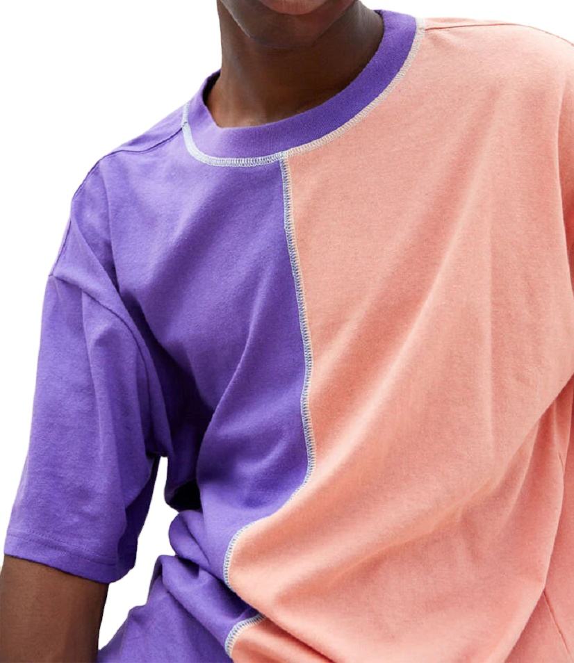 T-shirt da uomo in cotone a met&agrave; colore con cuciture personalizzate a contrasto e colori divisi