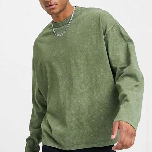 T-Shirt mit individuellem Logo, leer, f&uuml;r Herren, lang&auml;rmelig, mit tiefer Schulterpartie, schweres T-Shirt aus 100 % Baumwolle, Vintage-Waschung