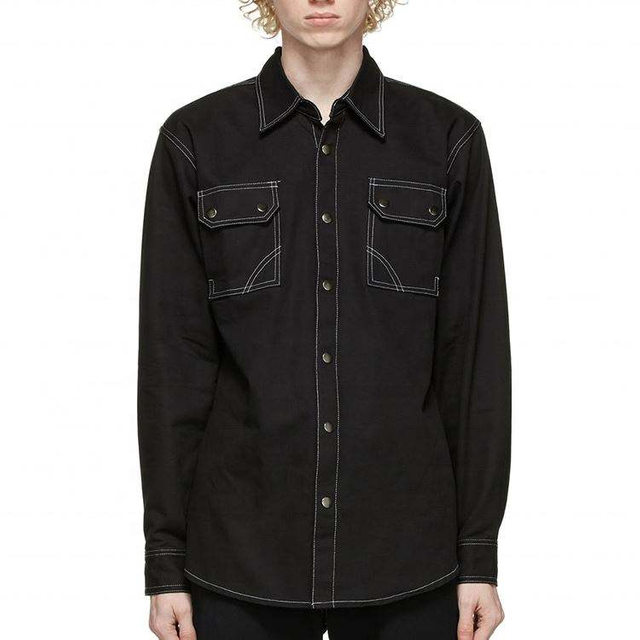 OEM メーカーのカスタム高品質長袖コントラスト ステッチ ブラック デニム シャツ男性用