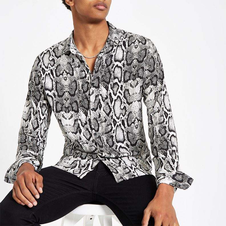 Producent OEM Koszule męskie Koszula hawajska Szara koszula z długim rękawem i nadrukiem węża