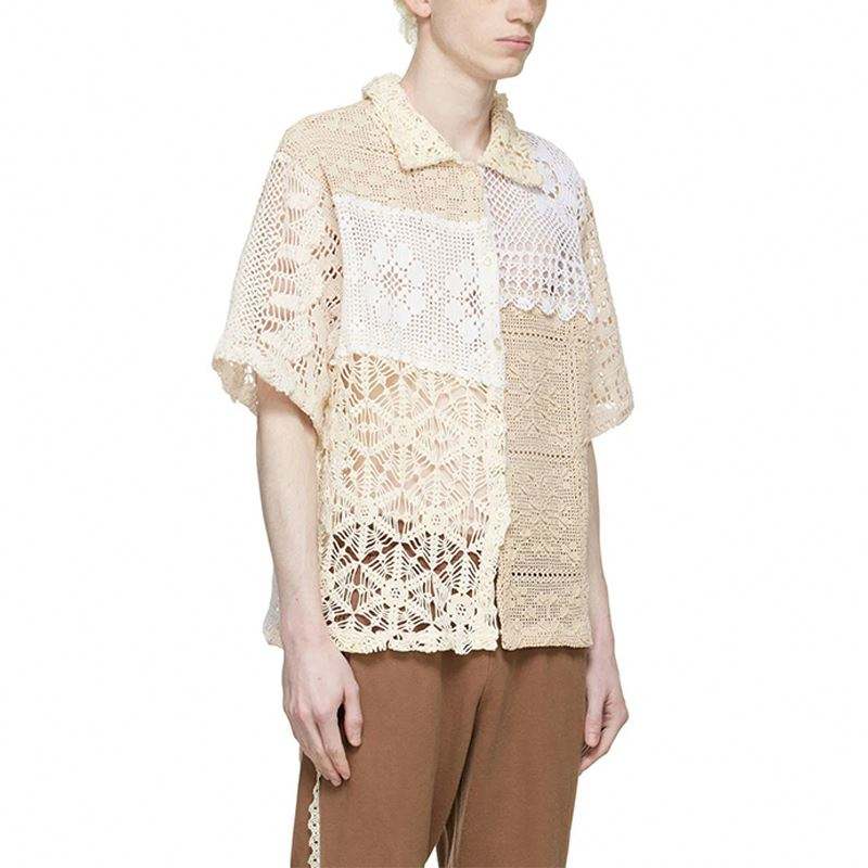 Chemisier d'&eacute;t&eacute; personnalis&eacute; pour hommes, fabricant OEM, mode Beige, manches courtes, col carr&eacute;, chemise en coton crochet&eacute; ajour&eacute;