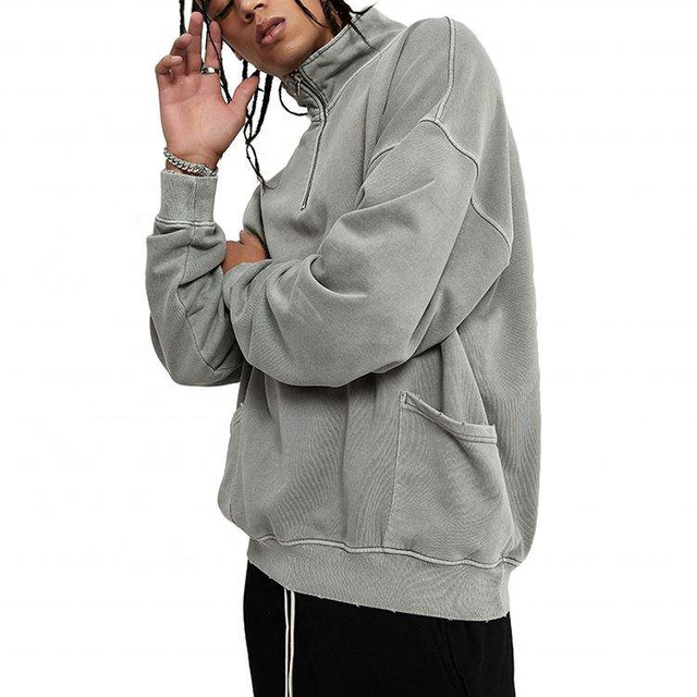 OEM Producent Distressed Quarter Zip Stand Krave Loose Fit Pullover med lommer Acid Wash Sweatshirts