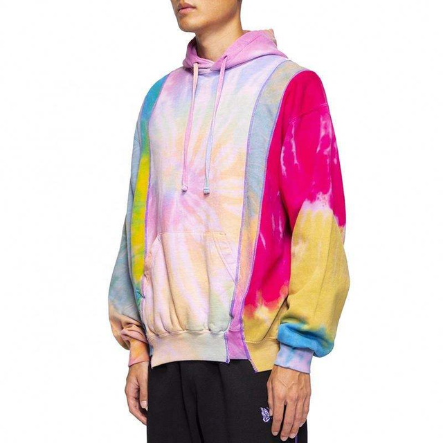 Fabricante OEM personalizado masculino moletom de manga comprida pul&ocirc;ver com cord&atilde;o plus size personalidade colorido patchwork tie dye moletons