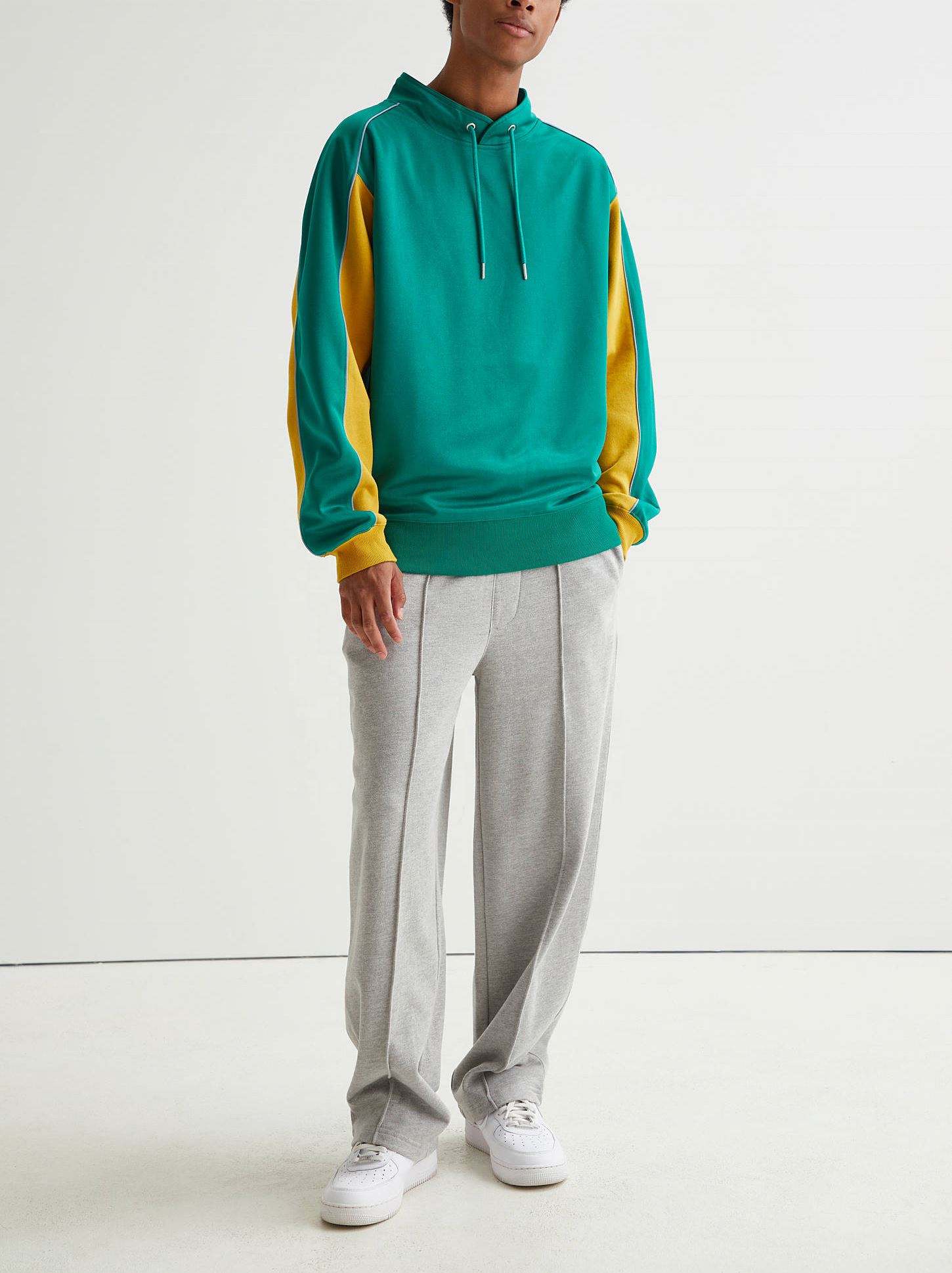 ຜູ້ຜະລິດ OEM Contrast Sleeve Color Piping Green Color High Quality Polyester Mock Neck Drawstring Hoodies Sweatshirts