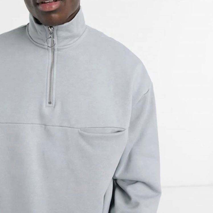 Nh&agrave; sản xuất OEM &Aacute;o cotton cổ phễu chất lượng cao t&ugrave;y chỉnh m&agrave;u x&aacute;m nặng nửa zip