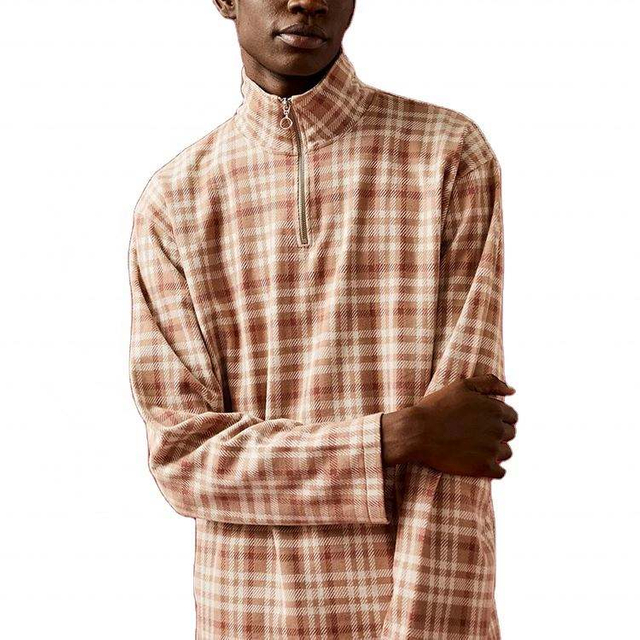 OEM Manufacturer Custom High Quality Men High neck Plaid Check Pattern Zip Up Sweatshirt
