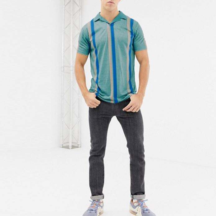 เสื้อโปโลแขนสั้นผู้ชาย Revere Polo Collar Longline แบบกำหนดเองพร้อมแถบแนวตั้ง