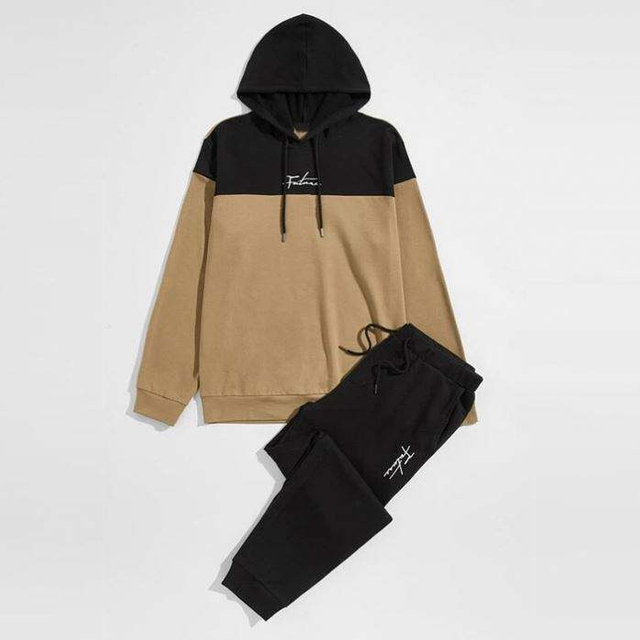 OEM LOGO Custom Sports Men's Wear Color Block Hoodie Black Jogger Define homens de duas peças combinando trajes de tracks