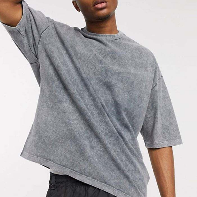 Hochwertiges, schweres Herren-T-Shirt mit Rundhalsausschnitt, 100 % Baumwolle, &uuml;berschnittene Schulterpartie, &uuml;bergro&szlig;es, verwaschenes Vintage-T-Shirt