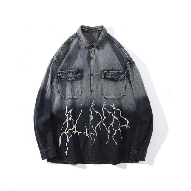 Veste en jean ample, fabricant OEM, personnalis&eacute;, imprim&eacute; &eacute;clair de rue, motif d&eacute;grad&eacute;, grandes tailles