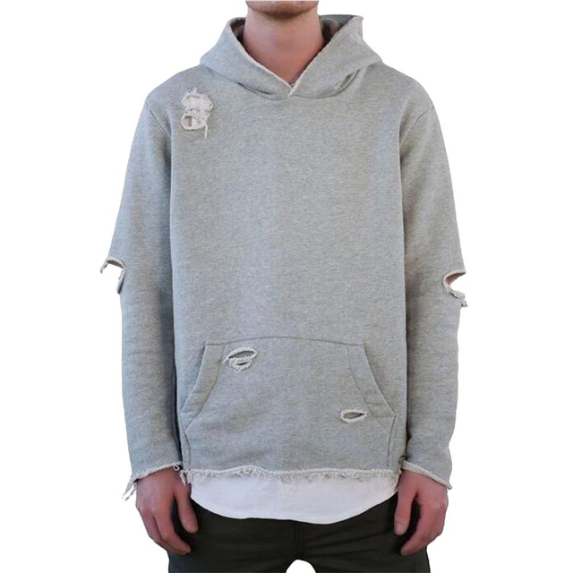 Ny stil grossist Destroy Fray Cut Hem Herr Hoodies I Heather Grey