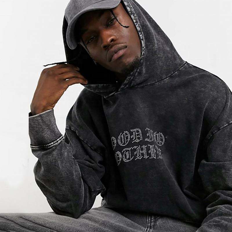 OEM ထုတ်လုပ်သူ ဖက်ရှင် ဟဲဗီးဝိတ် စိတ်ဆင်းရဲ ညှိုးမှိန်သော Pullover စိတ်ကြိုက် ကျောက်တုံး အက်ဆစ်ဆေးပြီး ခေတ်ဟောင်း Rhinestone စိတ်ကြိုက် hoodie