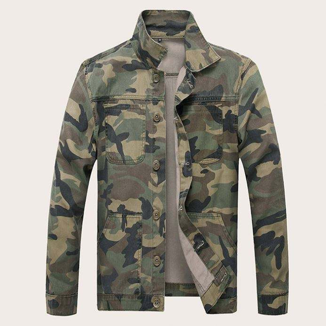 Moda masculina roupas allover camo impresso jaqueta jeans funil pesco&ccedil;o bot&atilde;o acima jaqueta masculina