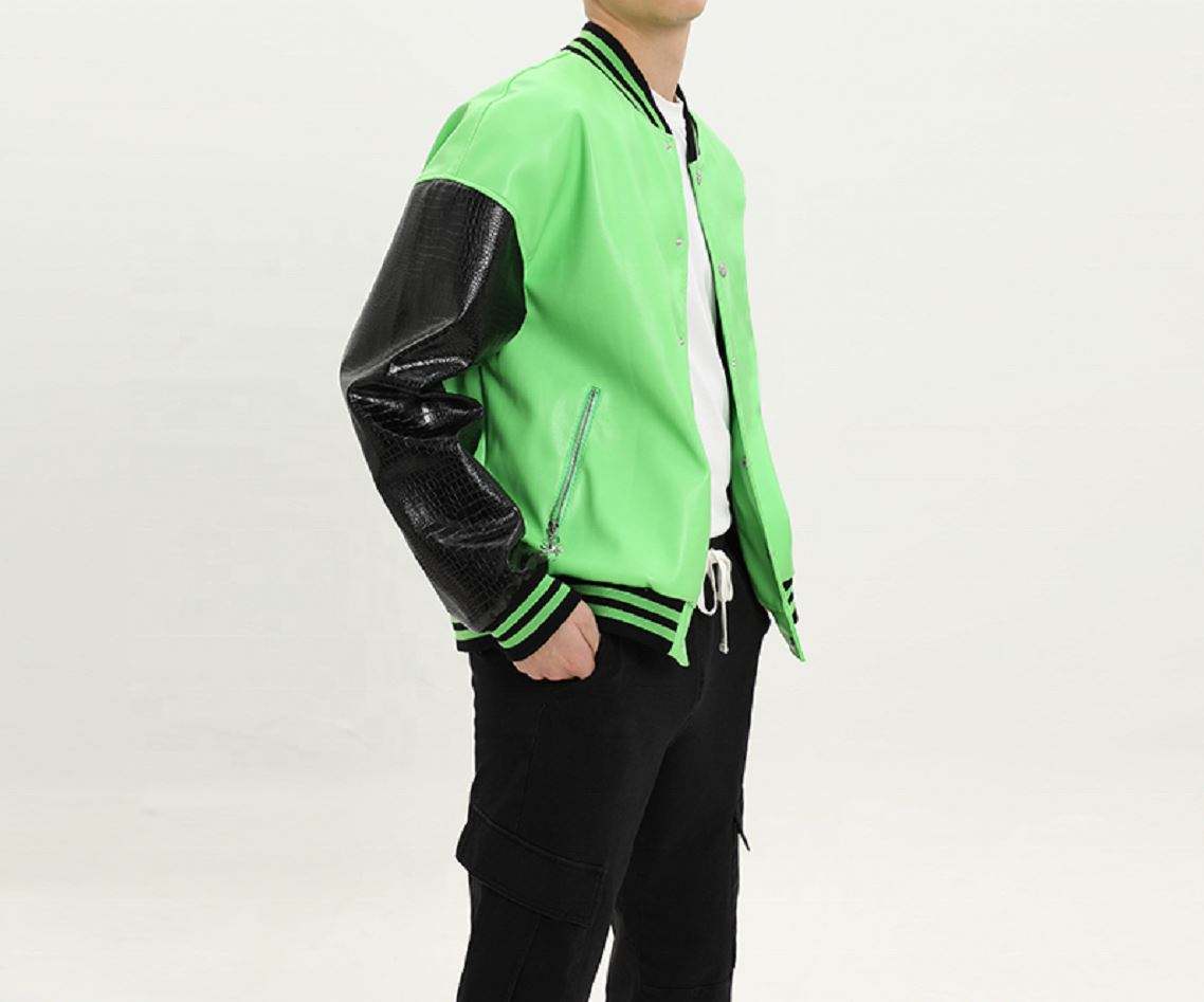 Giacca da baseball bomber in ecopelle color block da uomo personalizzata del produttore OEM